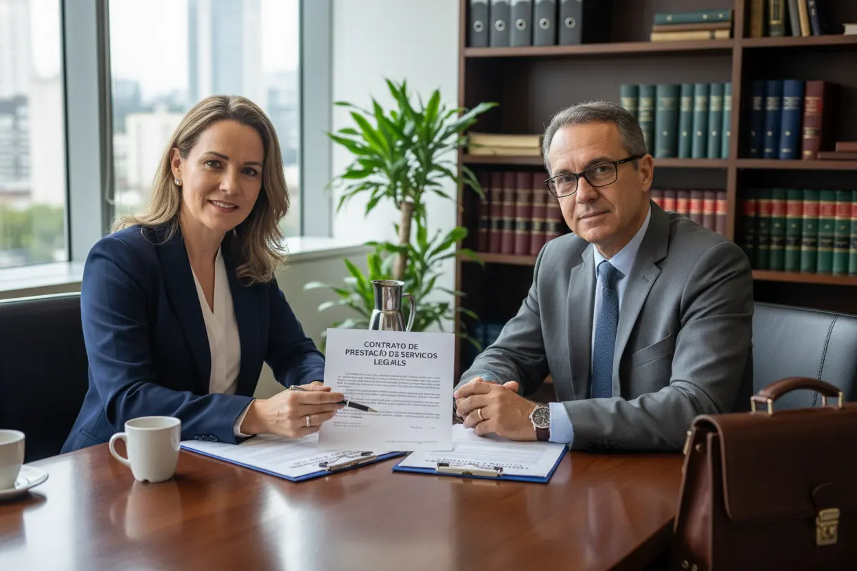 Advogado e cliente revisando documentos de divórcio