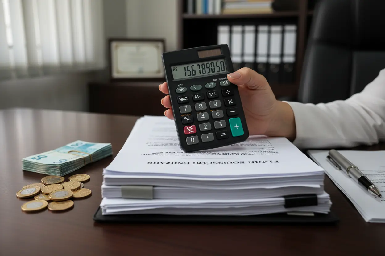 Mão com calculadora sobre documentos de custos de inventário