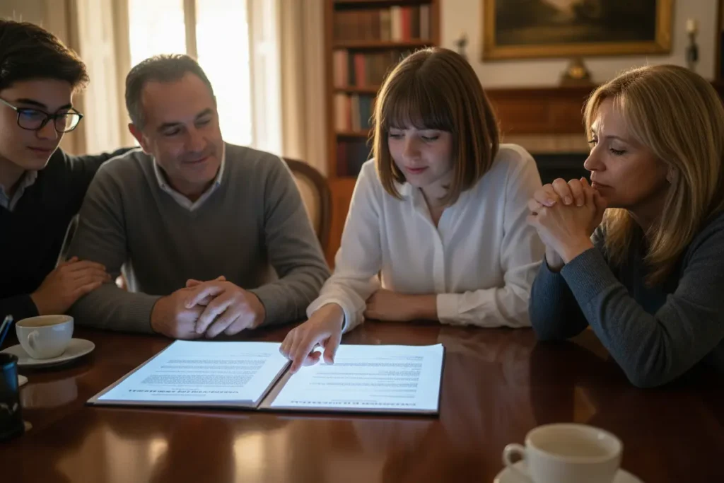 Família analisando documentos de inventário e herança