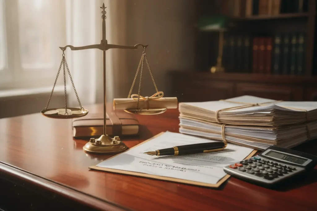 Balança da justiça e documentos sobre custas divórcio extrajudicial no Paraná 2026.