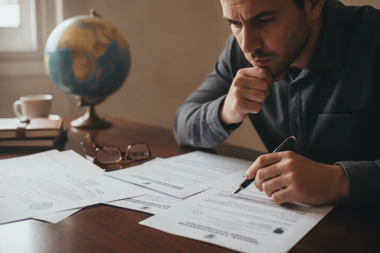 Pessoa analisando documentos legais de divórcio internacional