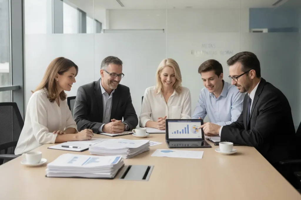 Família e advogado discutindo inventário de empresa e sucessão.