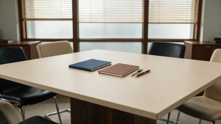 Mesa de reunião para análise de cláusula de mediação e arbitragem em contratos empresariais