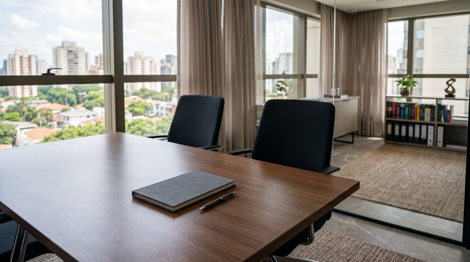 Sala de reunião preparada para formalização de rescisão por acordo trabalhista