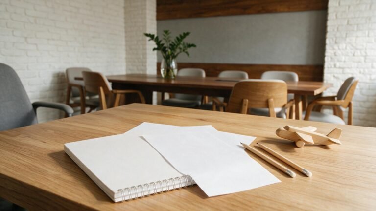 Mesa de escritório com caderno em branco e avião de madeira para orientação sobre guarda dos filhos e viagem internacional