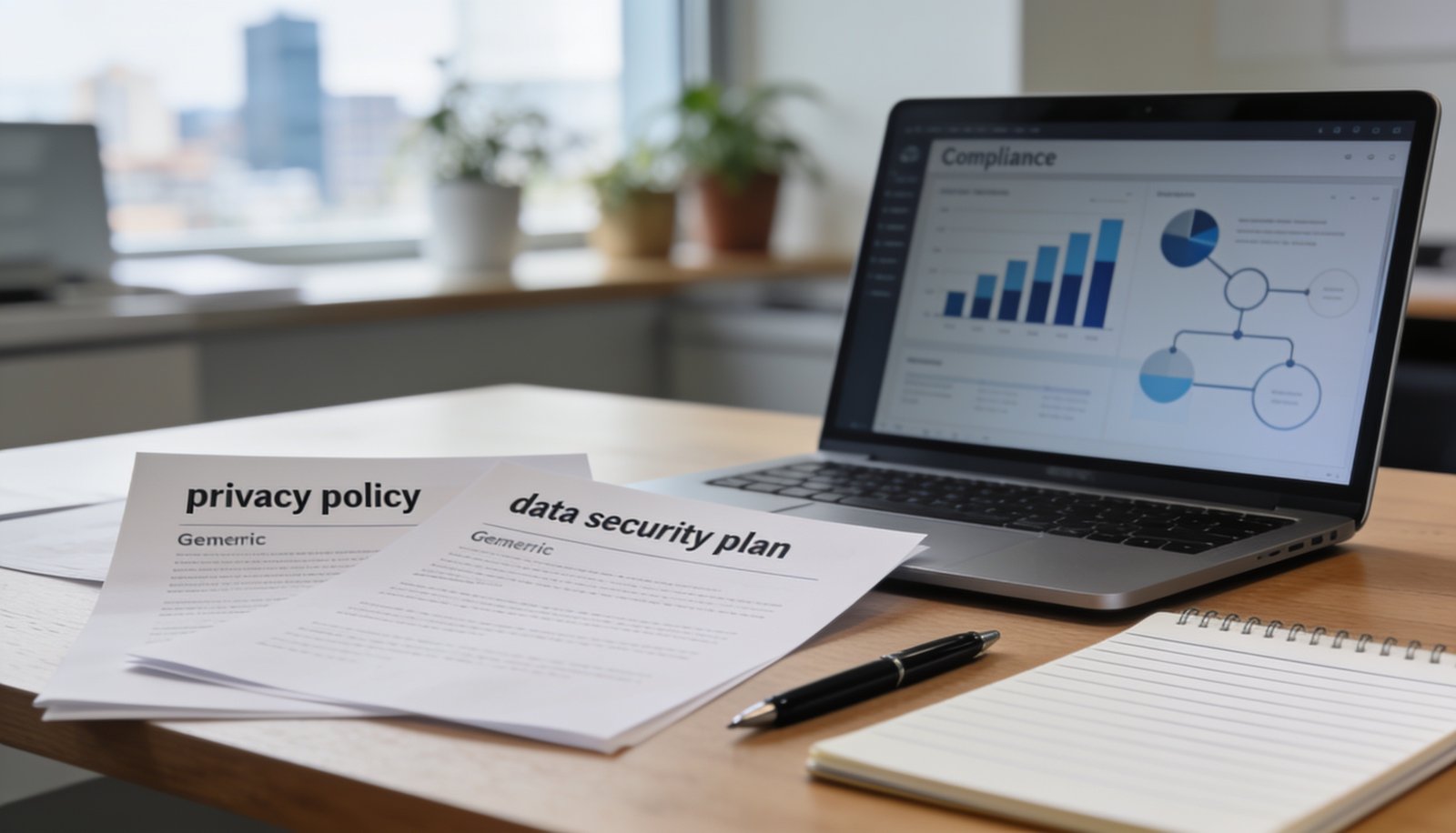 Documentos de compliance e proteção de dados sobre mesa de escritório