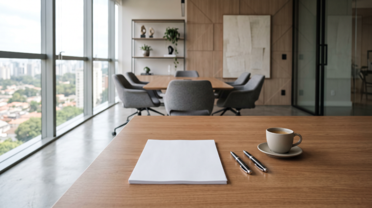 Mesa de reunião preparada para formalizar parceria empresarial com contrato.