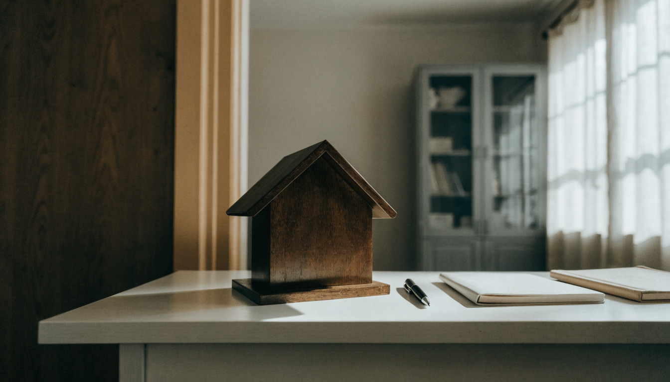 Casa de madeira e cadernos fechados representando planejamento patrimonial familiar.