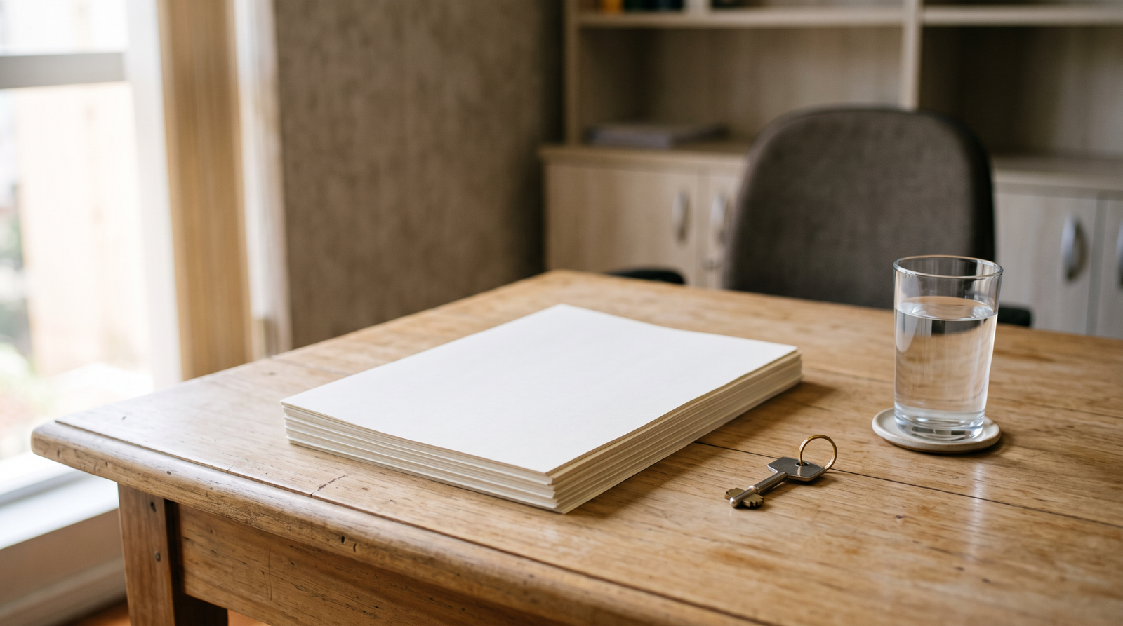 Mesa de escritório com papéis em branco para regularização de inventário atrasado no Paraná.