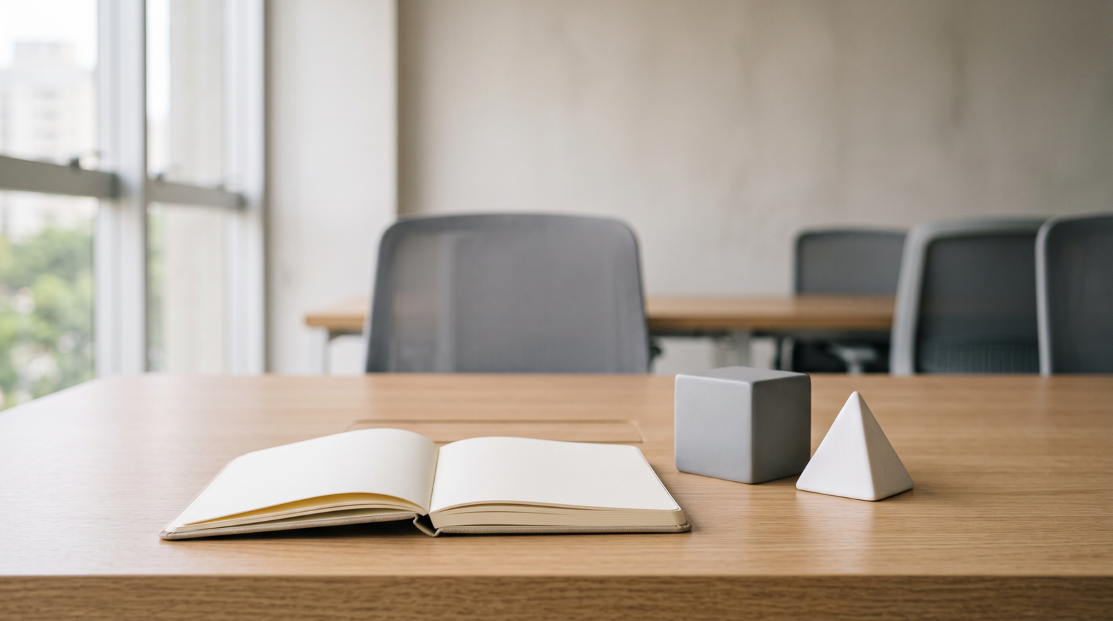 Caderno em branco e objetos neutros para revisar contrato de parceria empresarial.