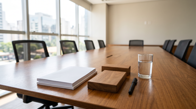 Mesa de reunião organizada para análise de termo de uso e política de privacidade.