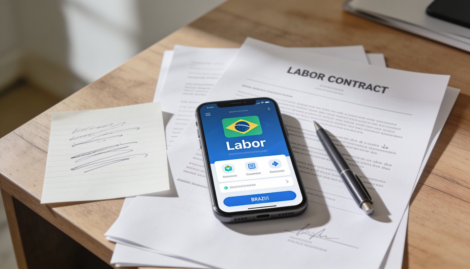 Documentos e provas trabalhistas sobre mesa de escritório para análise de direitos de trabalhador por aplicativo