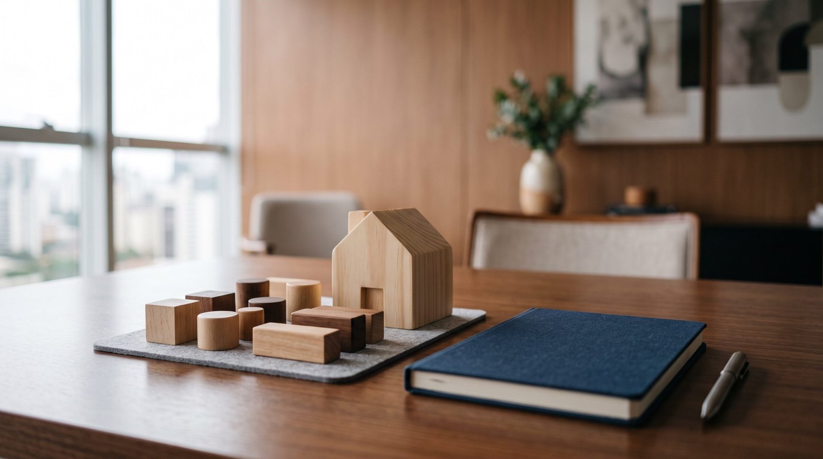 Modelo de casa e peças de madeira em mesa de consultoria para avaliar holding familiar.