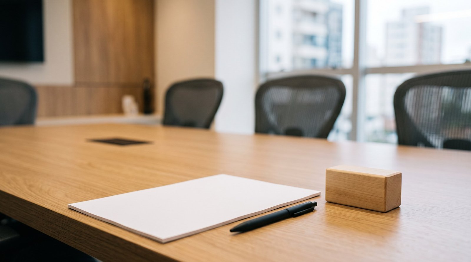 Sala de reunião com mesa organizada para análise de doação de quotas em holding familiar