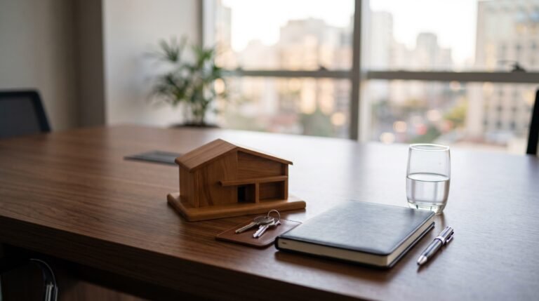 Miniatura de casa e chaves em mesa de escritório para holding familiar e proteção patrimonial.