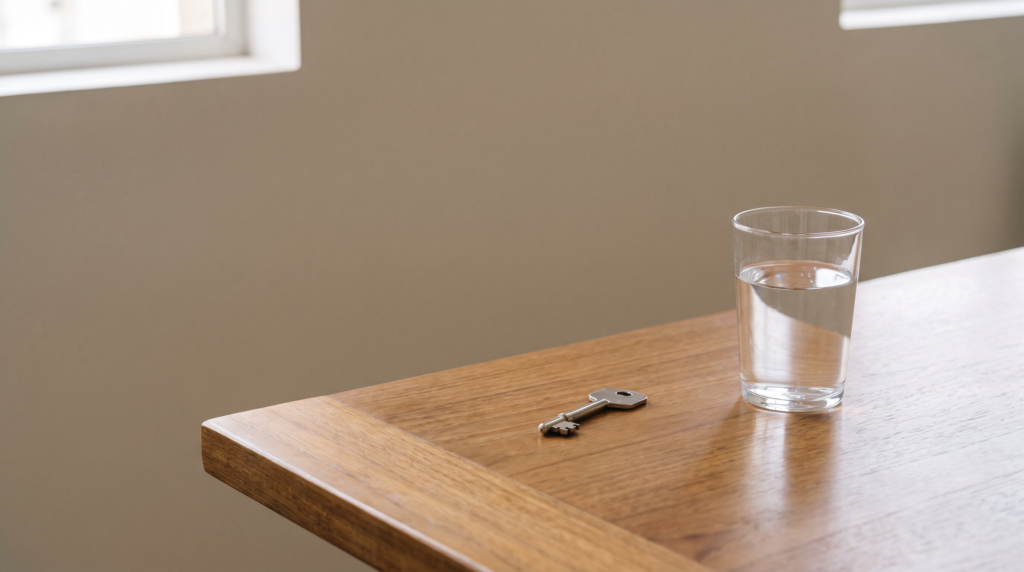 Mesa com chave e copo d’água para regularização de inventário atrasado no Paraná