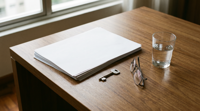 Mesa de escritório com papéis em branco e chave para análise de inventário extrajudicial atrasado no Paraná