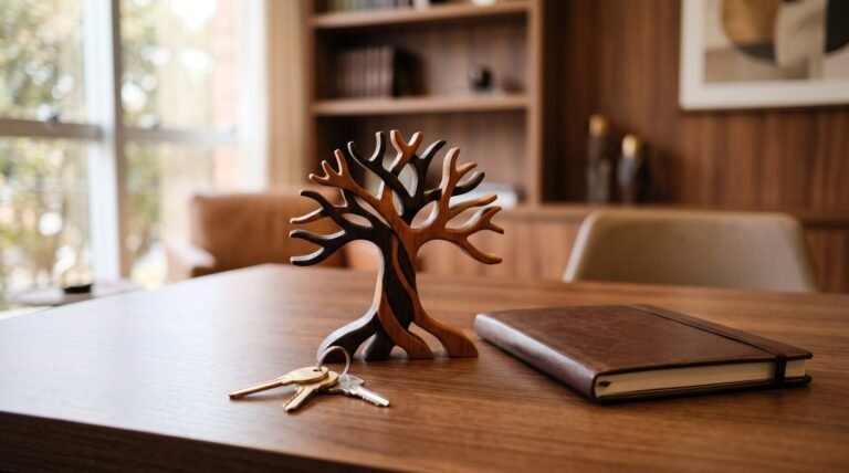 Mesa de escritório com objetos simbólicos para planejamento de holding familiar e ITCMD