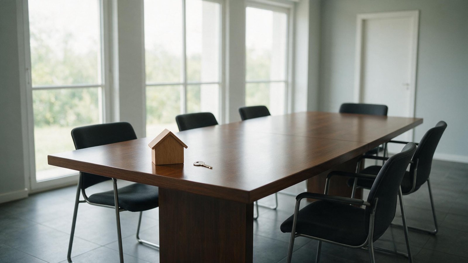 Mesa de reunião com casa de madeira e chave para organização de inventário com herdeiros em desacordo