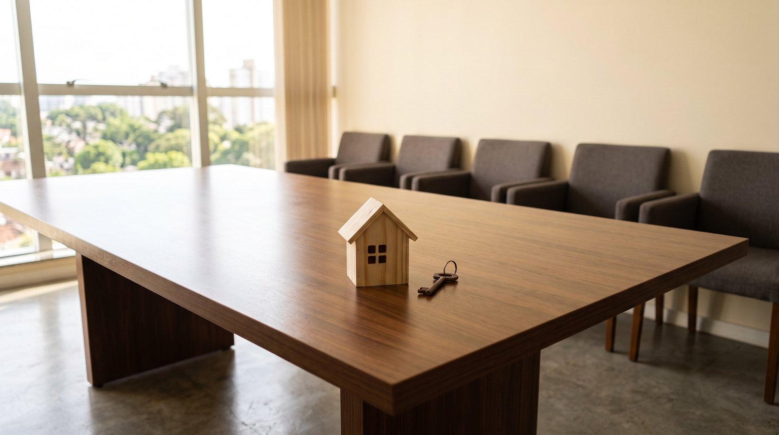 Mesa de reunião com casa de madeira e chave para regularização de imóveis em inventário