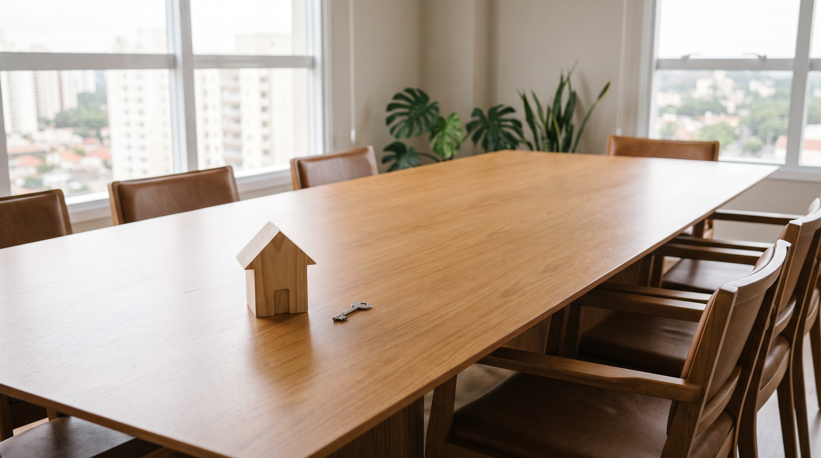 Mesa de reunião com chave e casa de madeira para organização de inventário no Paraná