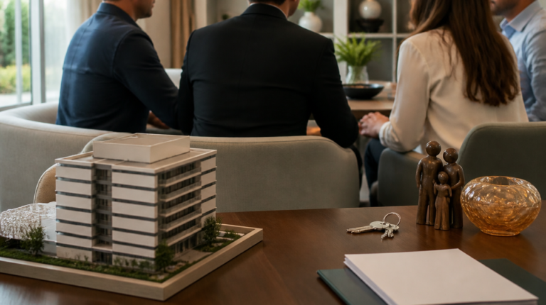 Família empresária discutindo planejamento sucessório para negócios de família em ambiente residencial